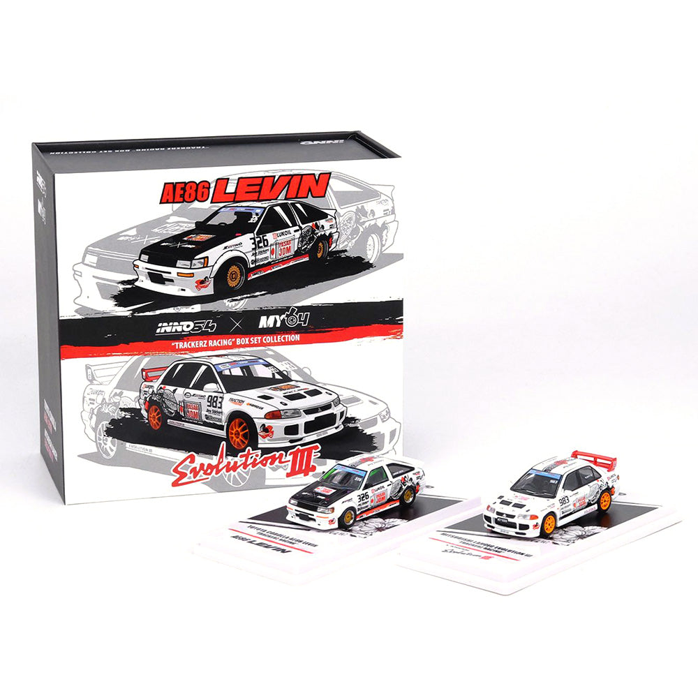 Inno64 Trackerz Racing Boxset Toyota Corolla AE86 Levin & Mitsubishi Lancer Evolution III 1:64