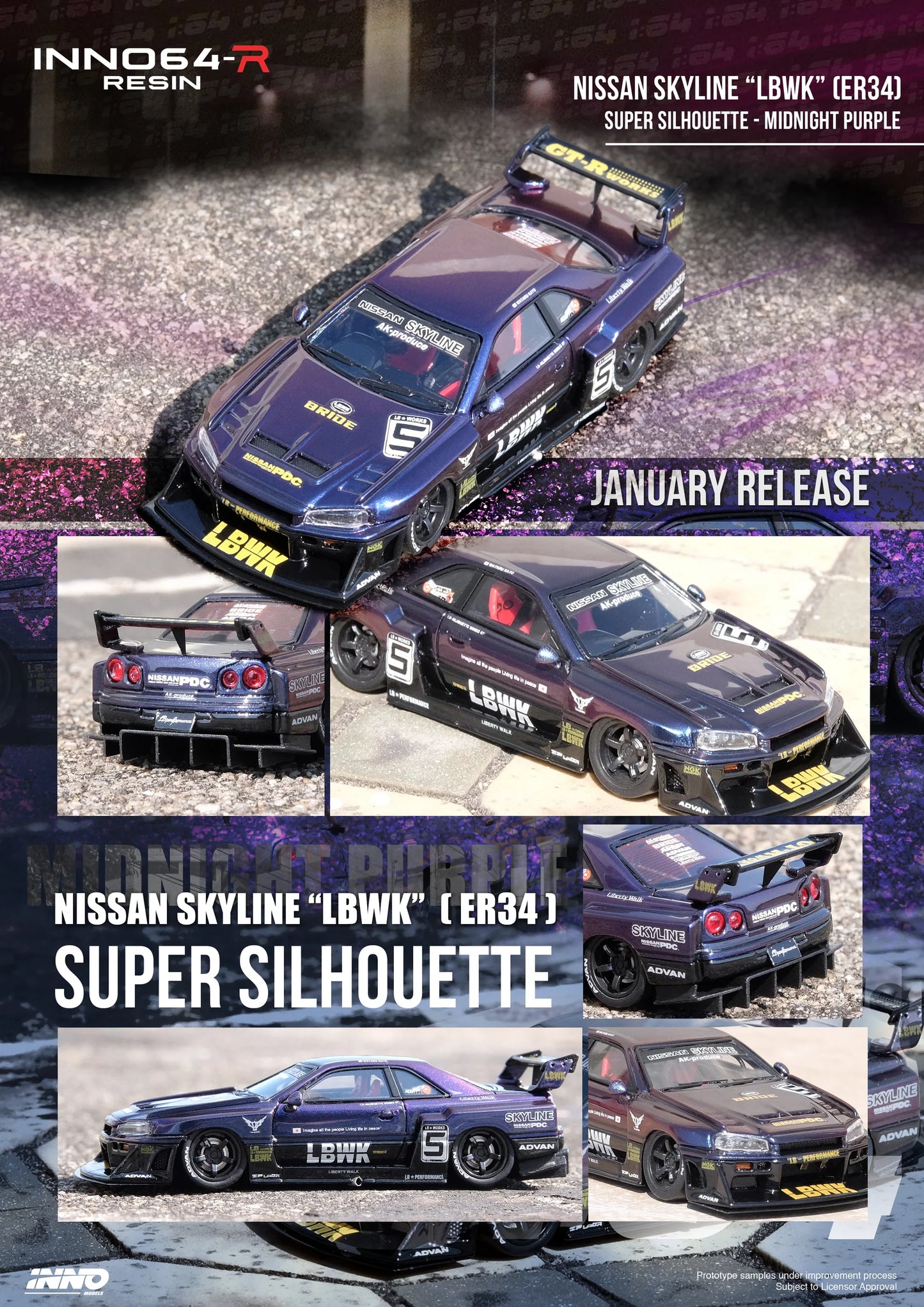 Inno64 Nissan Skyline LBWK ER34 Super Silhouette Purple 1:64