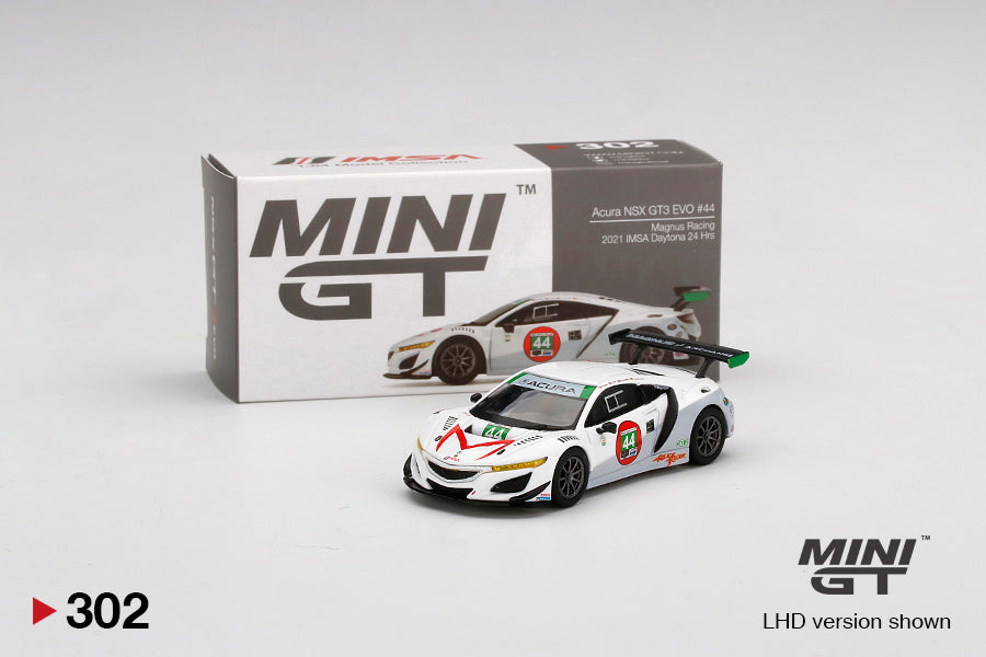Mini GT Box Version 302 Acura NSX GT3 EVO #44 Magnus Racing 2021 IMSA Daytona 24 Hrs White 1:64
