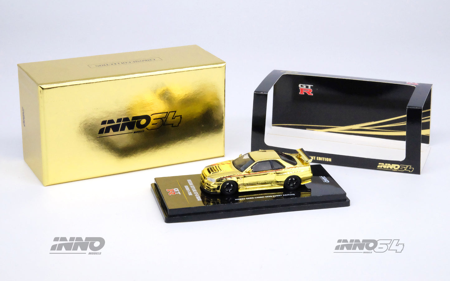 Inno64 Chrome Collection Hobby Expo China 2023 Nissan Skyline GTR R34 Nismo R Tune Chrome Gold 1:64