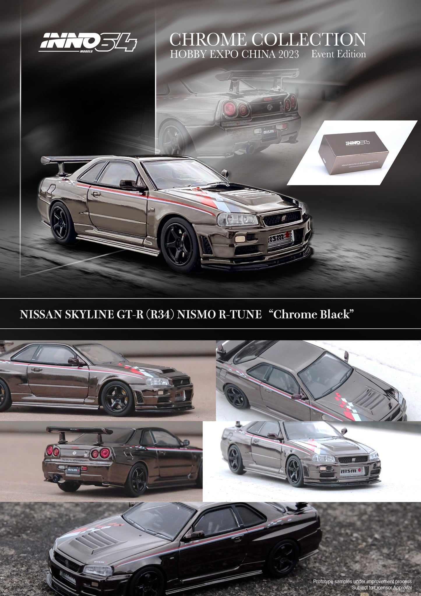 Inno64 Chrome Collection Hobby Expo China 2023 Nissan Skyline GTR R34 Nismo R Tune Chrome Silver 1:64