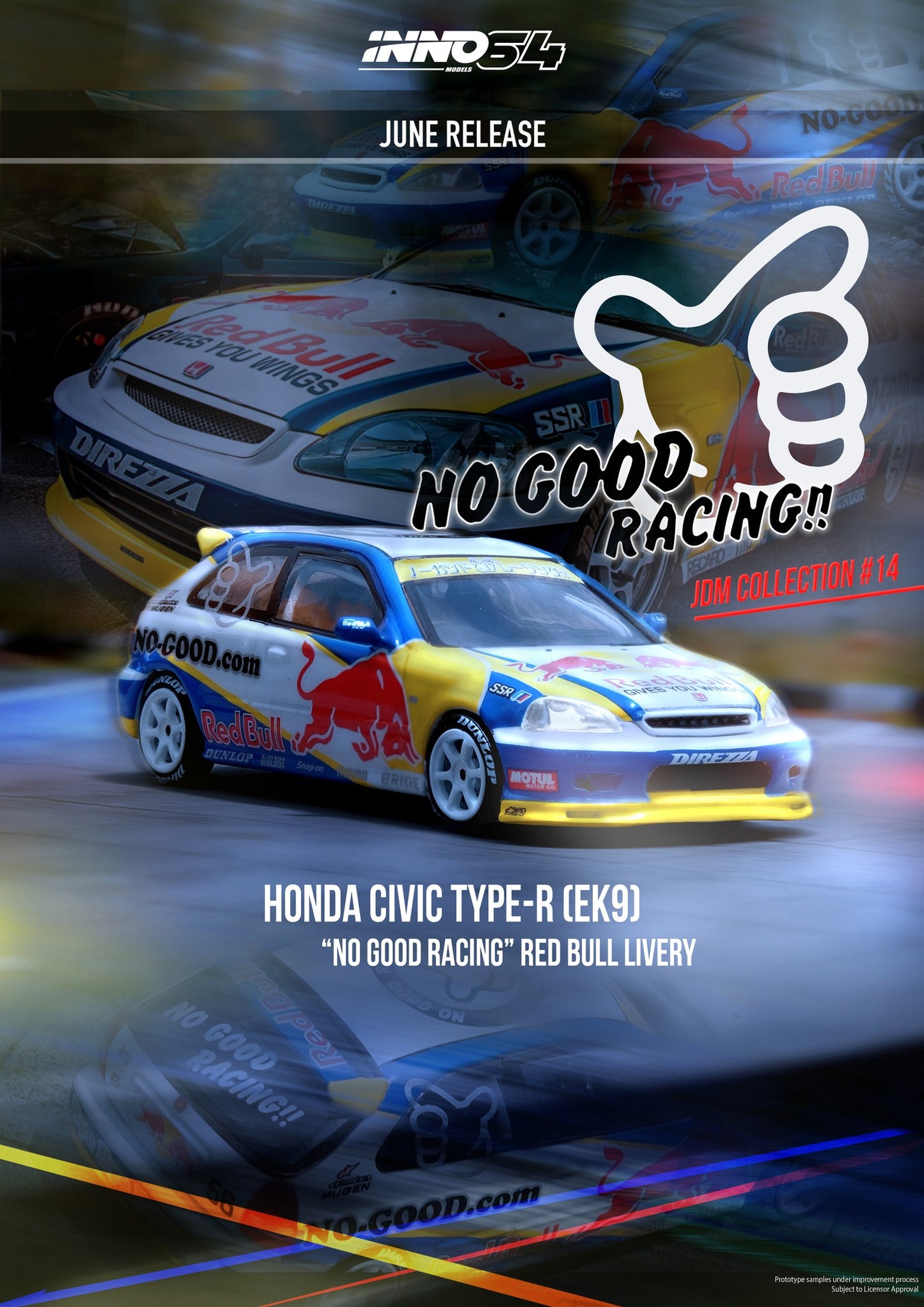 Inno64 Honda Civic Type R EK9 No Good Racing Red Bull Livery White Blue 1:64