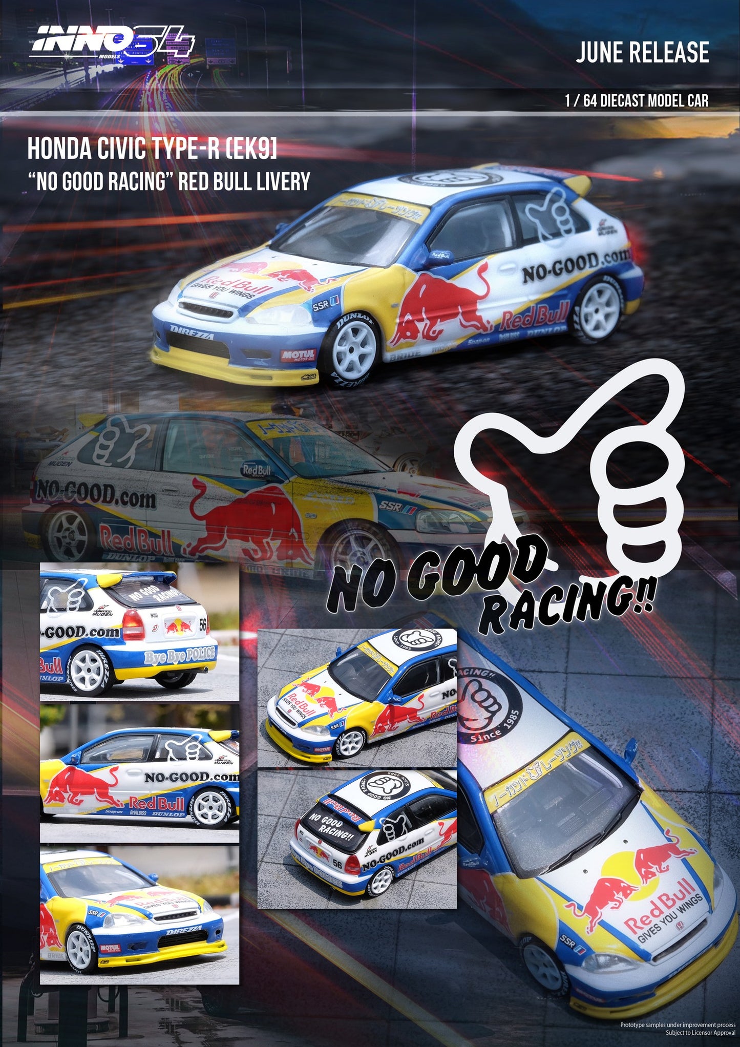 Inno64 Honda Civic Type R EK9 No Good Racing Red Bull Livery White Blue 1:64