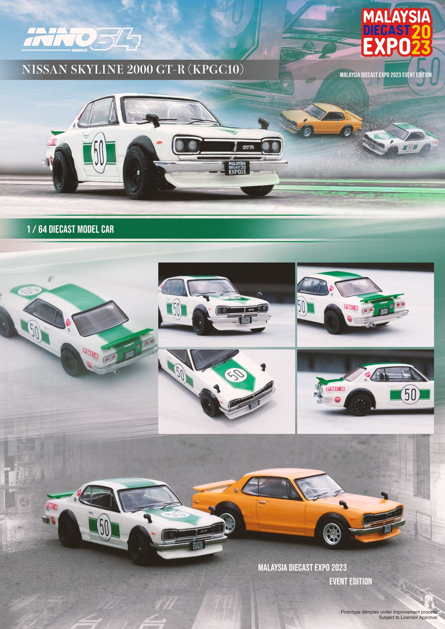 Inno64 Malaysia Diecast Expo 2023 Event Edition Nissan Skyline 2000 GTR KPGC10 White Green 1:64