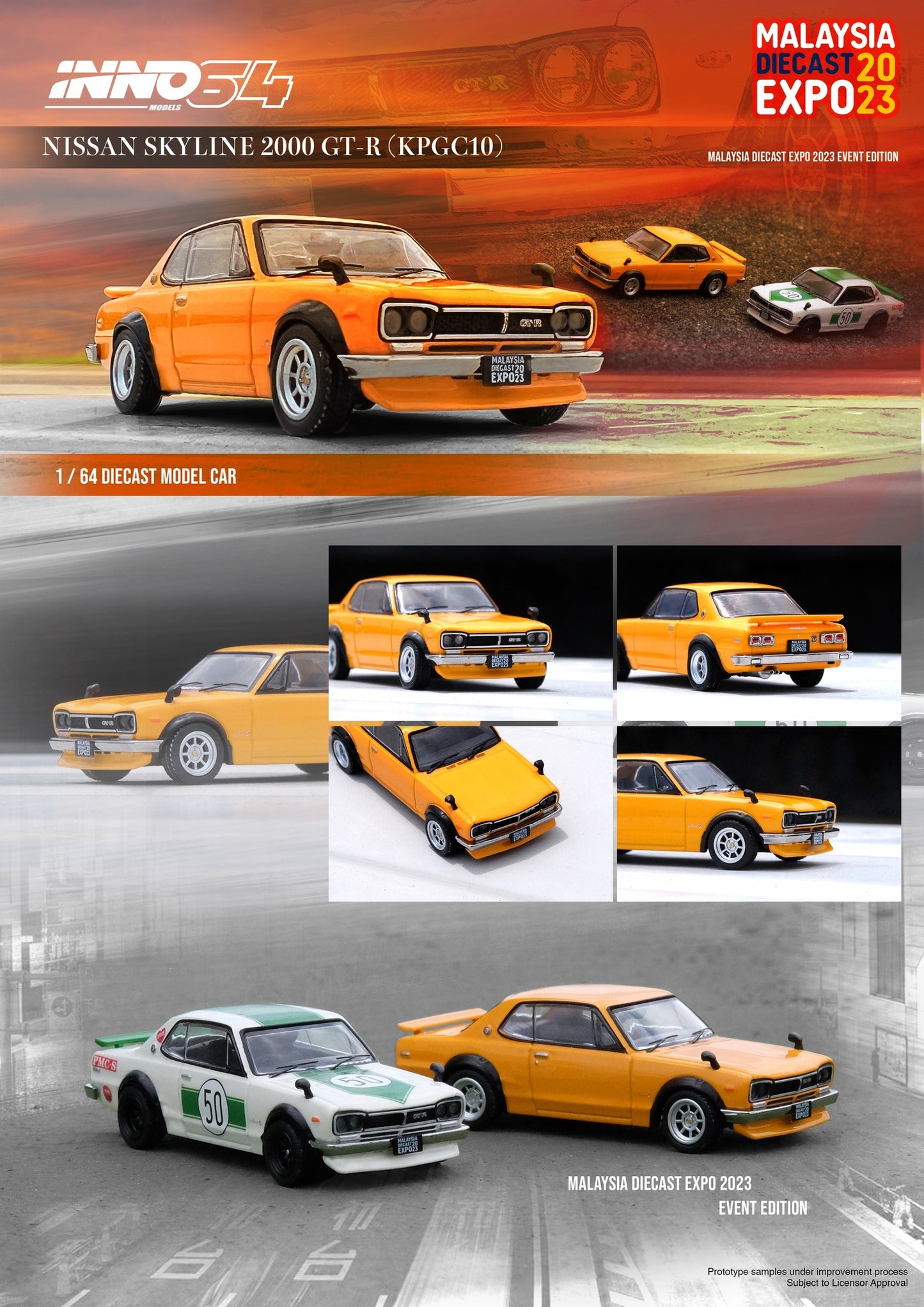 Inno64 Malaysia Diecast Expo 2023 Event Edition Nissan Skyline 2000 GTR KPGC10 Orange 1:64