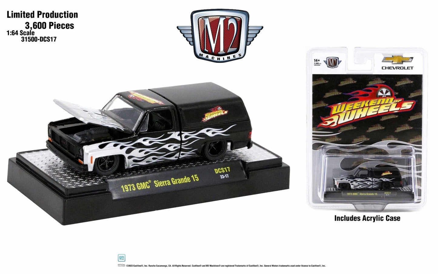 M2 Machines 2023 Weekend of Wheels Exclusives 1973 GMC Sierra Grande 15 Black Flames 1:64