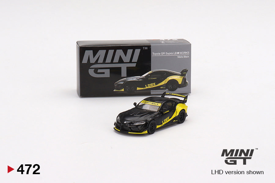 Mini GT Mijo Exclusives 472 Toyota GR Supra LB WORKS Matte Black Yellow 1:64