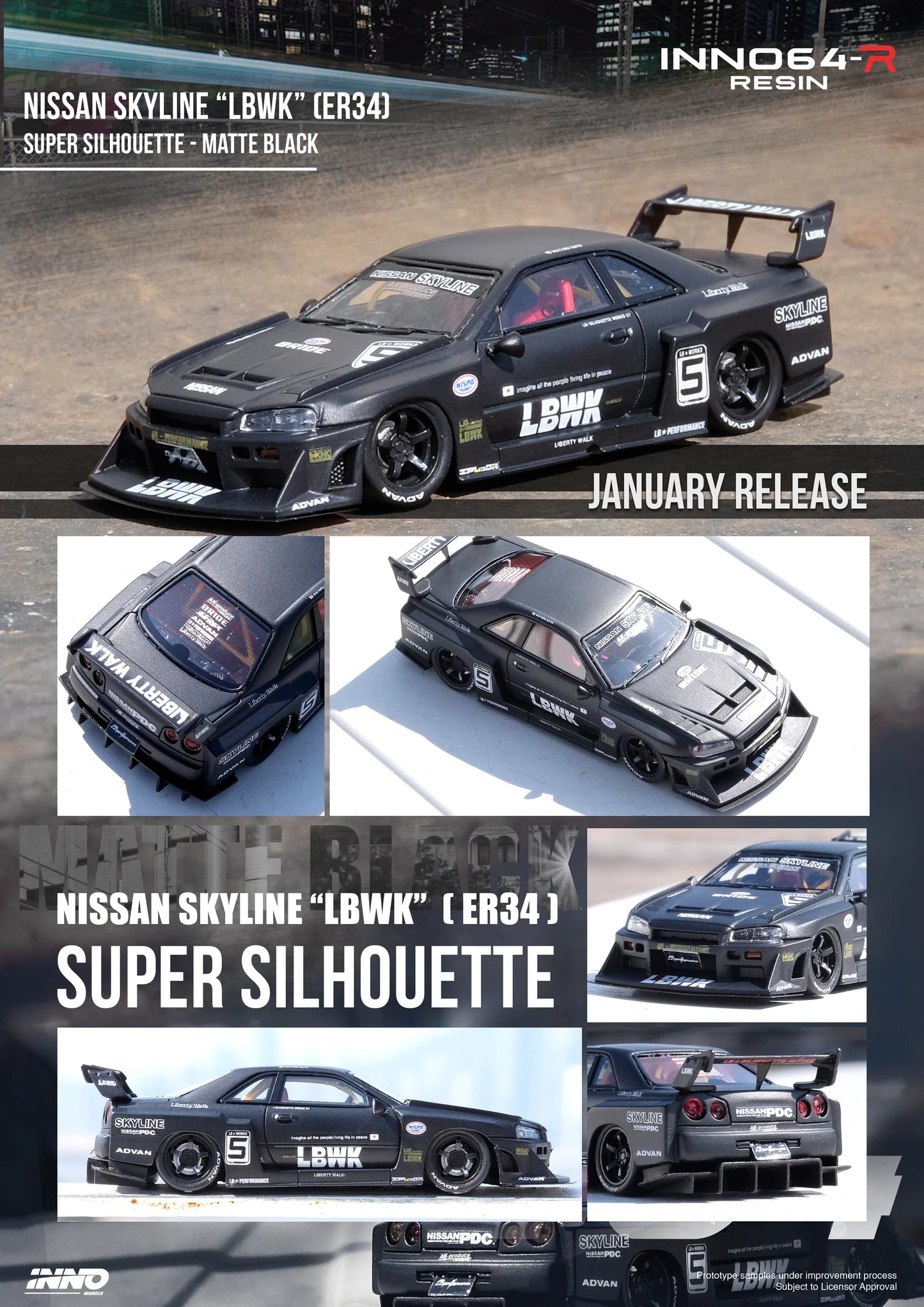 Inno64 Nissan Skyline LBWK ER34 Super Silhouette Black 1:64