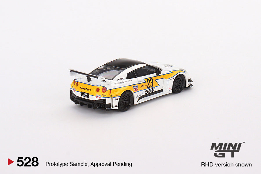 Mini GT Mijo Exclusives 528 Nissan LB Shilouette WORKS GT 35GT-RR Ver 1 LB Racing White Yellow 1:64