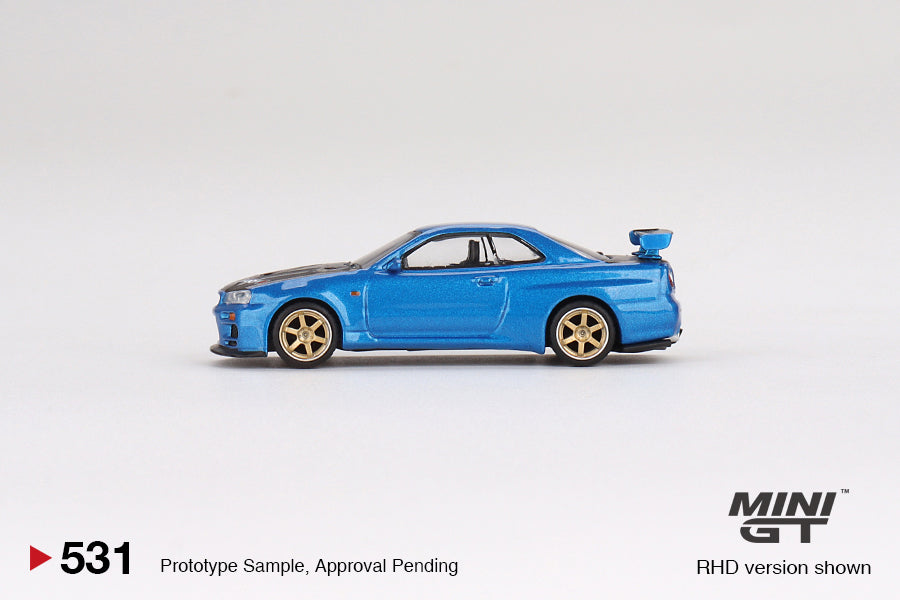 Mini GT Box Version 531 Nissan Skyline GT-R (R34) Top Secret Bayside Blue 1:64