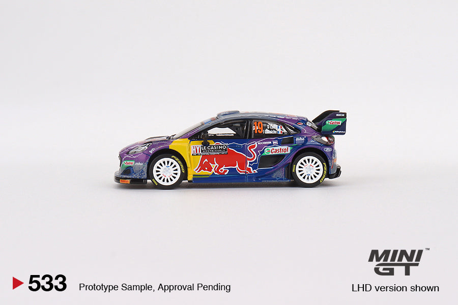 Mini GT Box Version 533 Ford Puma Rally1 #19 M-Sport Ford WRT 2022 Rally Montecarlo Winner 1:64