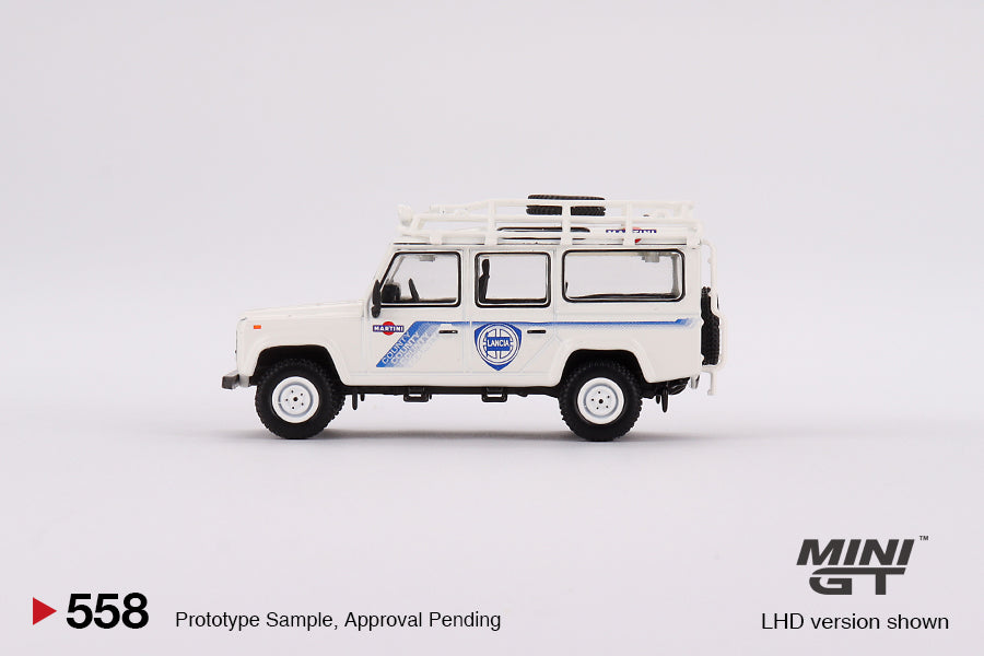 Mini GT Box Version 558 Land Rover Defender 110 1991 Safari Rally Martini Racing Support Vehicle 1:64
