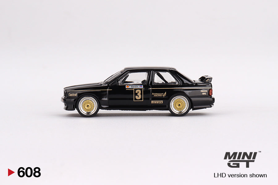 Mini GT Australia Exclusive Box Version 608 BMW M3 #3 1987 ATCC Championship Winner JPS Team BMW Black 1:64
