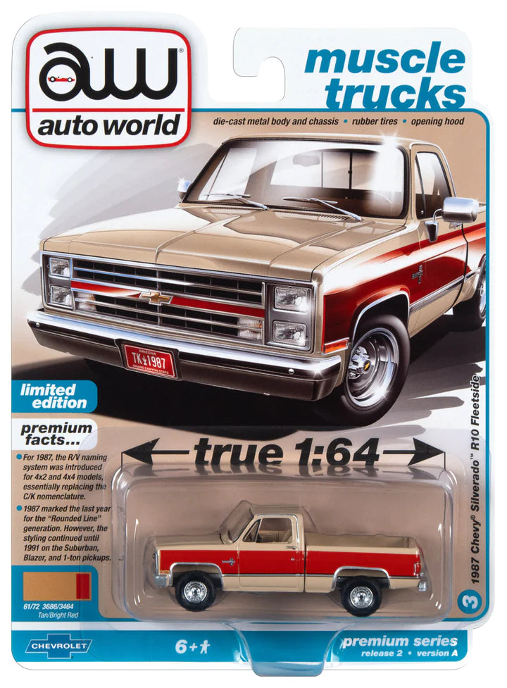 Auto World Muscle Trucks 1987 Chevy Silverado R10 Fleetside Tan Bright Red 1:64