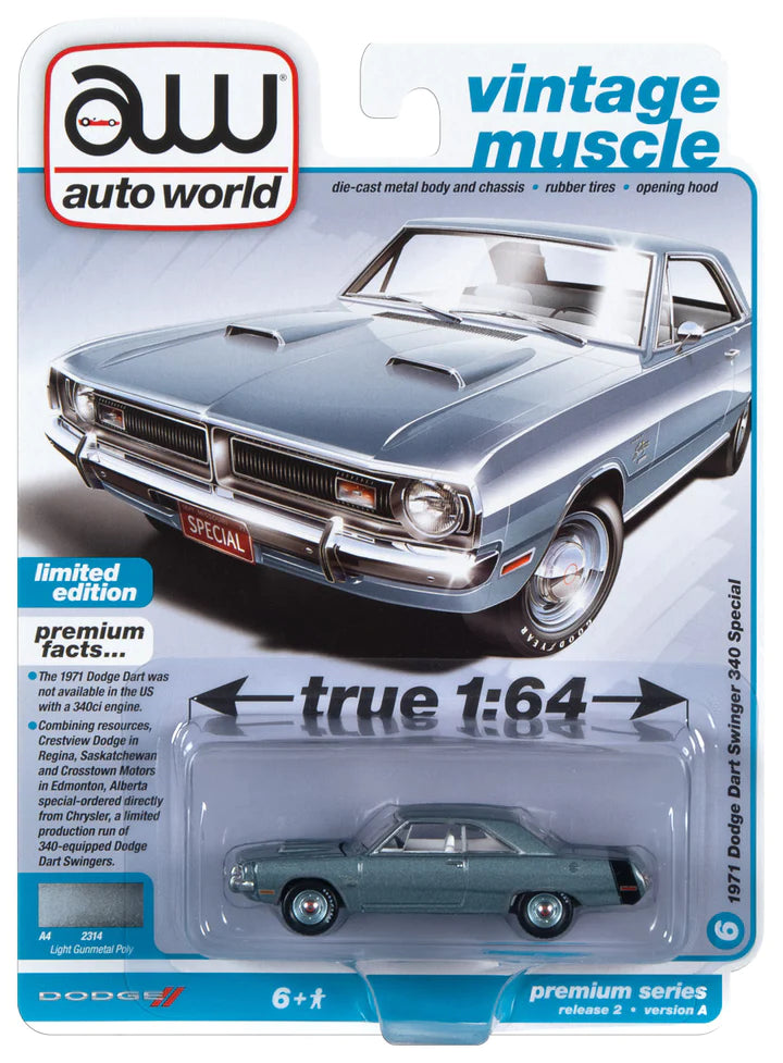 Auto World Vintage Muscle 1971 Dodge Dart Swinger 340 Special Light Gunmetal Poly 1:64