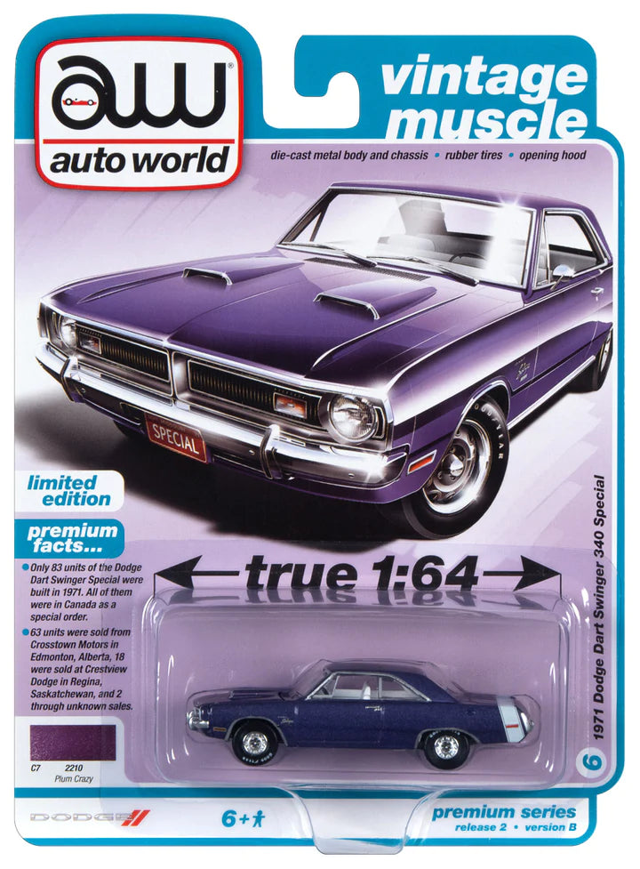 Auto World Vintage Muscle 1971 Dodge Dart Swinger 340 Special Plum Crazy 1:64