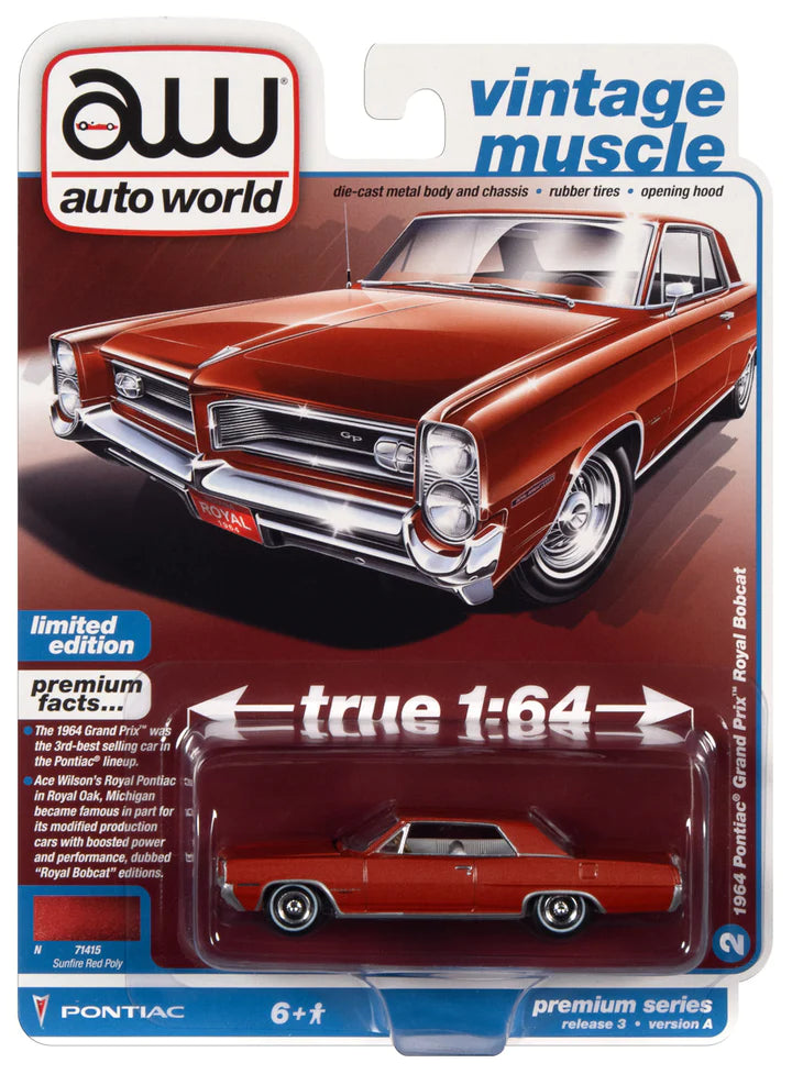Auto World Vintage Muscle 1964 Pontiac Grand Prix Royal Bobcat Sunfire Red Poly 1:64