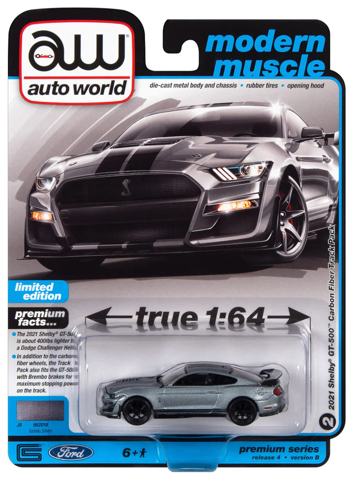 Auto World Modern Muscle 2021 Shelby GT500 Carbon Fiber Track Pack Iconic Silver 1:64