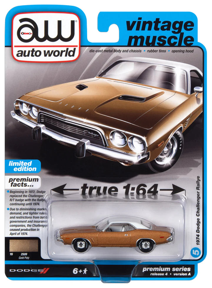 Auto World Vintage Muscle 1974 Dodge Challenger Rallye Gold Poly 1:64