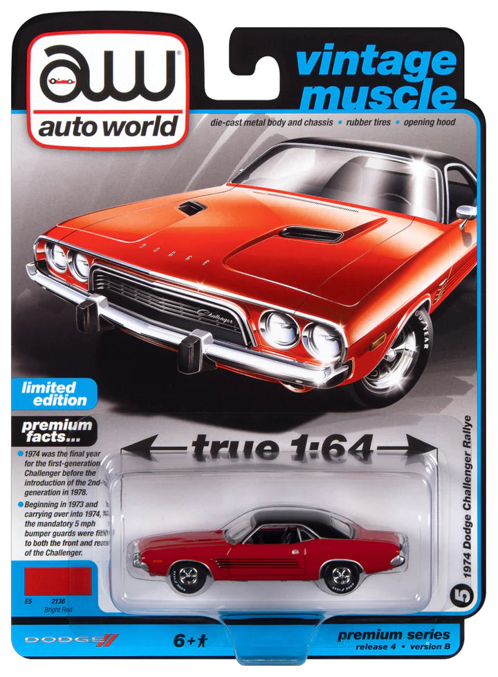 Auto World Vintage Muscle 1974 Dodge Challenger Rallye Bright Red 1:64
