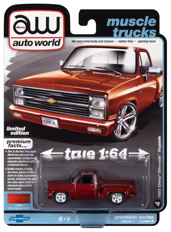 Auto World Muscle Trucks 1983 Chevy Silverado Stepside Dark Tangerine Metallic 1:64