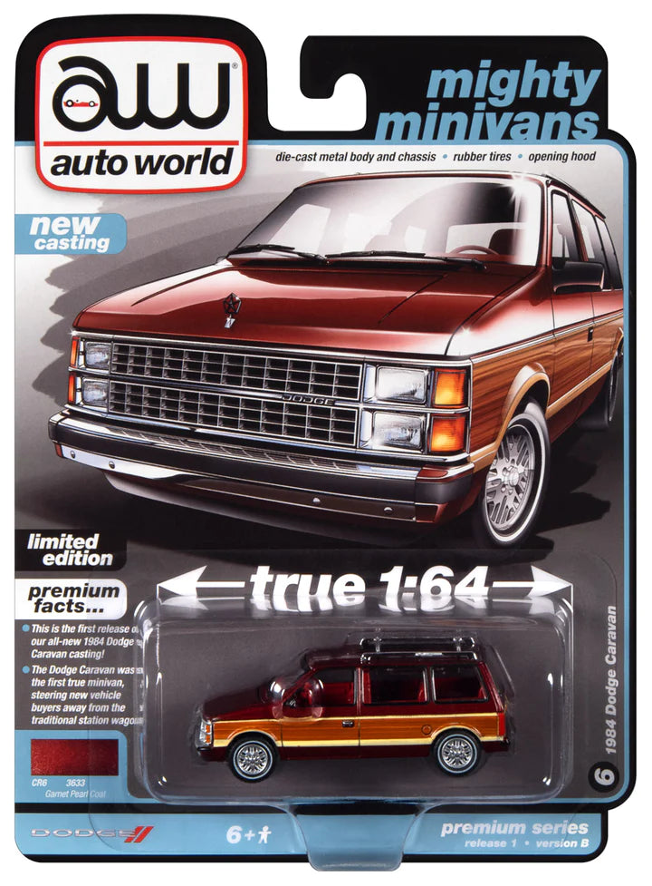 Auto World Mighty Minivans 1984 Dodge Caravan Garnet Pearl Coat 1:64