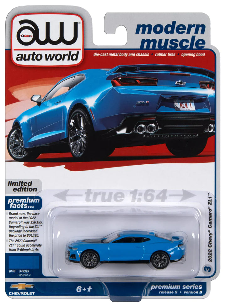 Auto World Modern Classic 2022 Chevy Camaro ZL1 Rapid Blue 1:64