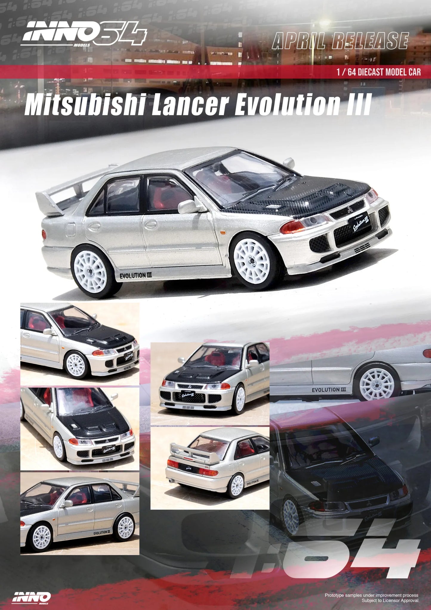 Inno64 Mitsubishi Lancer Evolution III Silver Carbon Bonnet 1:64