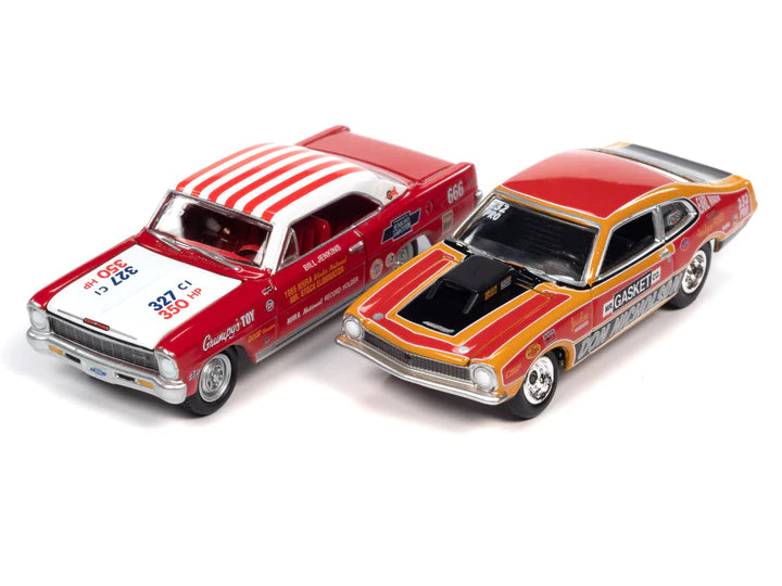 Johnny Lightning 2 Pack Legends Of The Quarter Mile 1970 Ford Maverick Don Nicholson & 1966 Chevy Nova Bill Jenkins Version B 1:64