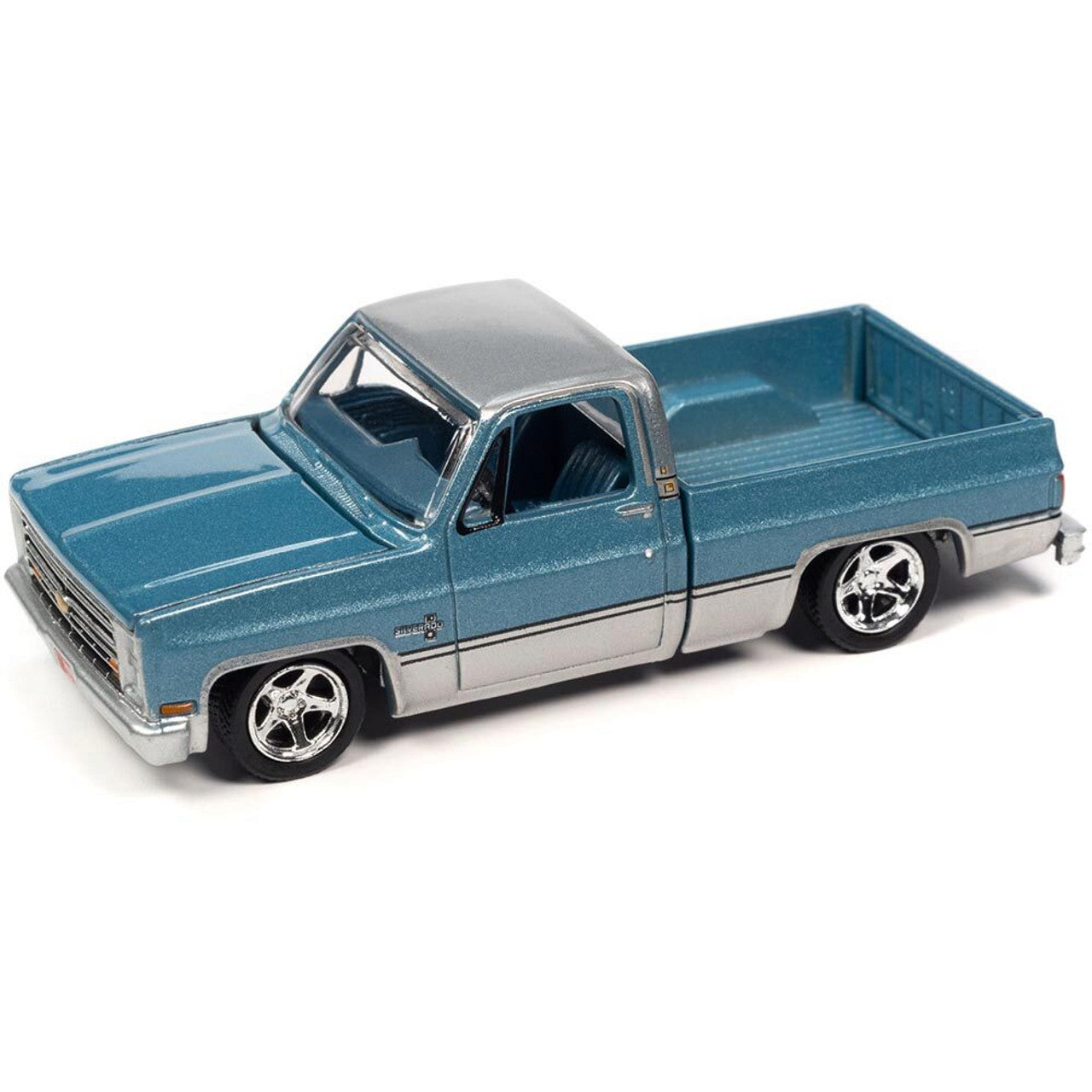 Auto World Muscle Truck 1985 Chevy Silverado Fleetside Light blue Silver Poly 1:64