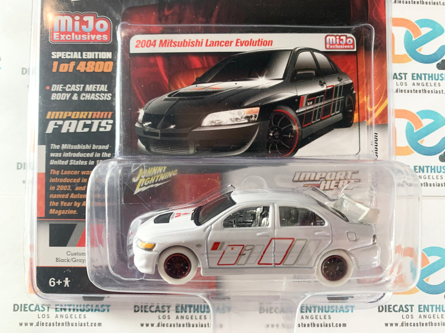 CHASE WHITE LIGHTNING Johnny Lightning Mijo Exclusives Ralli Art 2004 Mitsubishi Lancer Evolution Black Gray Red 1:64