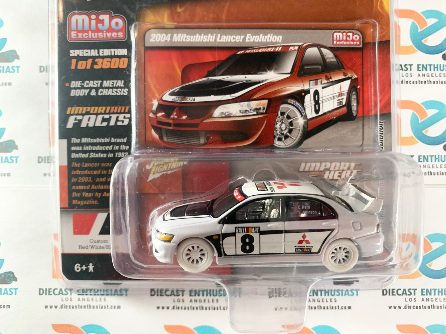 CHASE WHITE LIGHTNING Johnny Lightning Mijo Exclusives Ralli Art 2004 Mitsubishi Lancer Evolution Red White Black 1:64