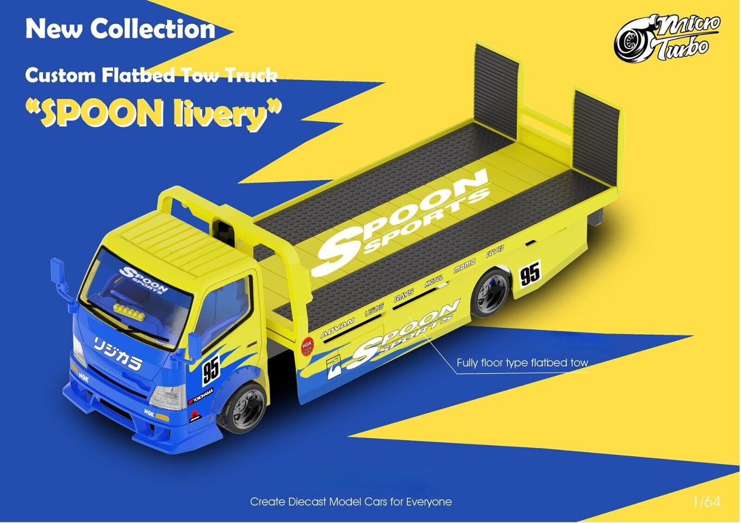 Micro Turbo Custom Tow Truck Spoon Yellow Blue 1:64