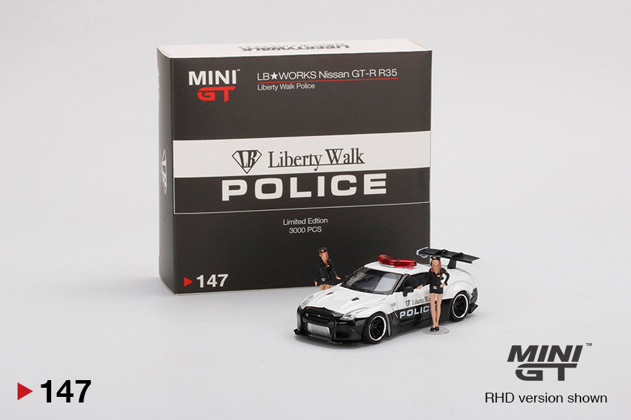 Mini GT 147 Liberty Walk Police Nissan GTR with Figures 1:64