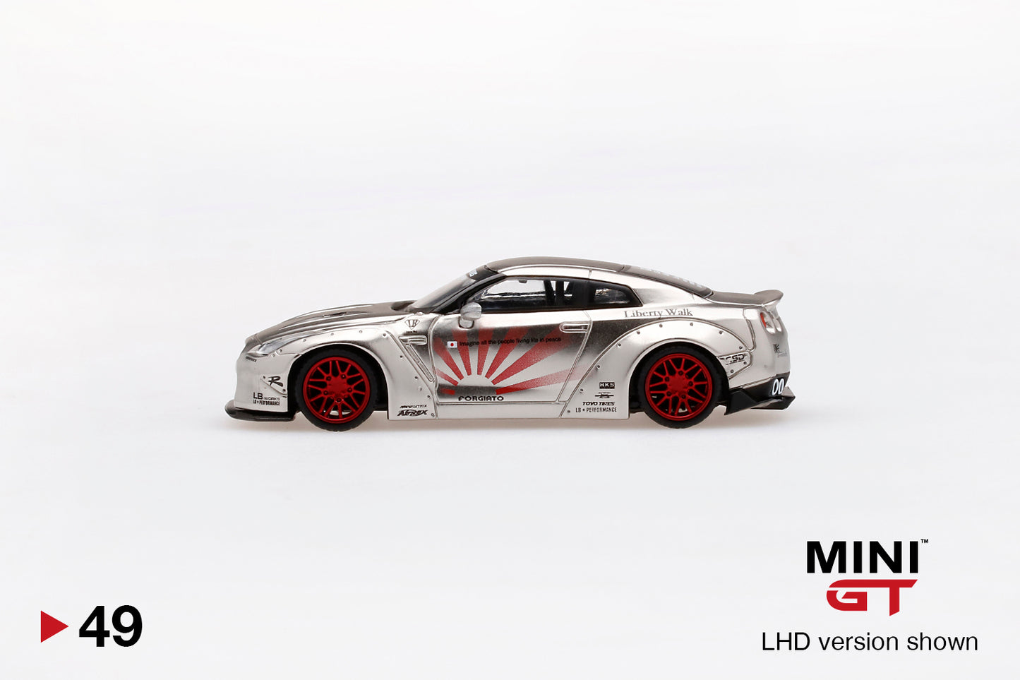 Mini GT Mijo Exclusive 49 Liberty Walk Nissan GTR R35 Duck Tail Silver 1:64