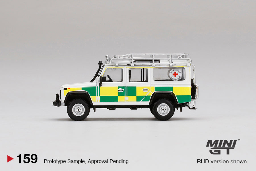 Mini GT Mijo Exclusive World Wide 159 Land Rover Defender 110 British Red Cross Search & Rescue RHD 1:64