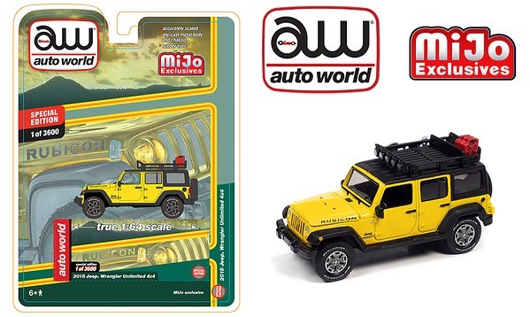 Auto World Mijo Exclusive 2018 Jeep Wrangler Rubicon Unlimited Yellow Roof Rack 1:64