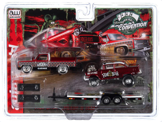 Auto World 2023 Las Vegas Convention Exclusives 1983 Chevrolet Silverado 10 Fleetside Ayden's with Trailer Johnny Lightning 1955 Chevrolet Bel Air Gasser Rat Fink Red 1:64