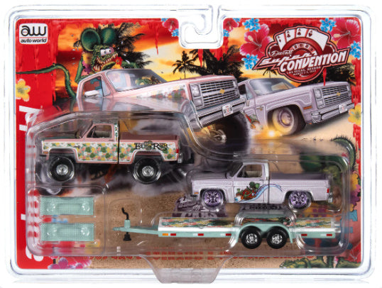 Auto World 2023 Las Vegas Convention Exclusives 1983 Chevrolet Silverado 10 Fleetside Lifted & Lowered with Trailer Rat Fink Purple White 1:64