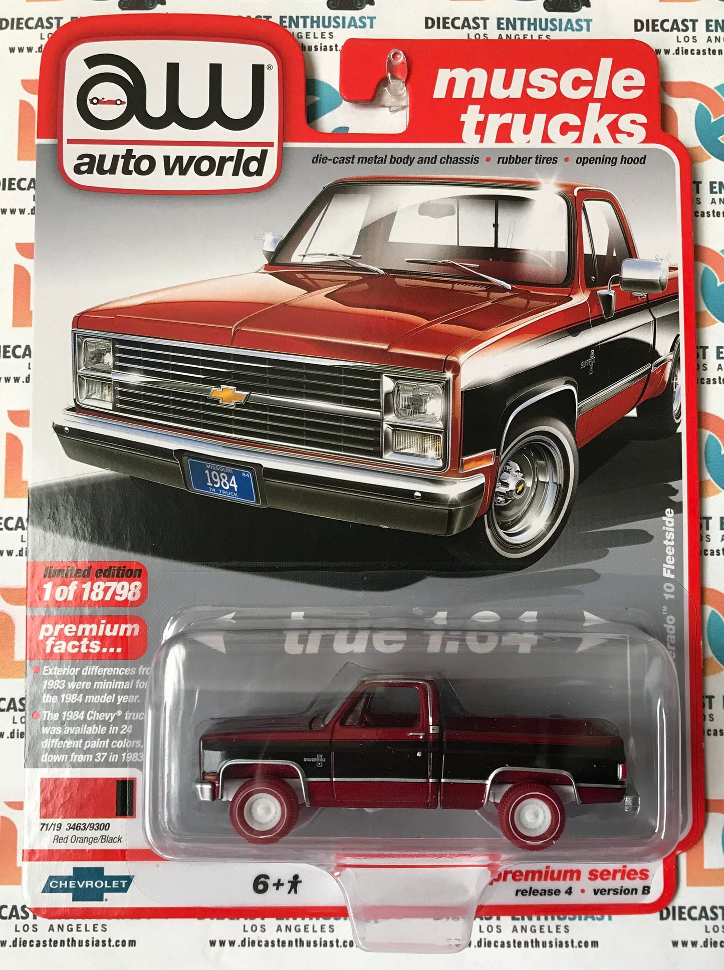 CHASE ULTRA RED Auto World 1984 Chevrolet Silverado 10 Fleetside Red Orange Black 1:64