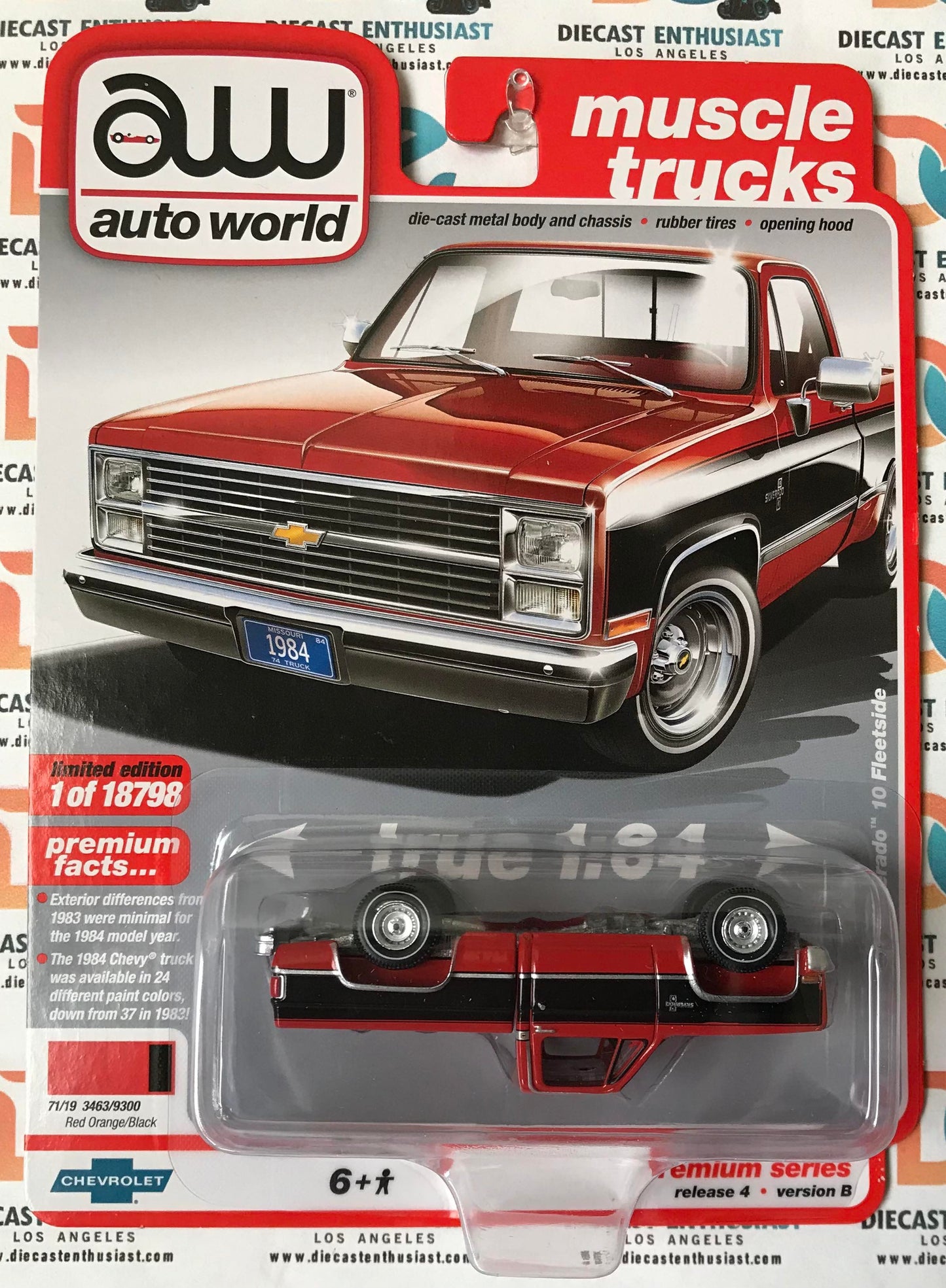 ERROR PACKAGING Auto World 1984 Chevrolet Silverado 10 Fleetside Red Orange Black 1:64