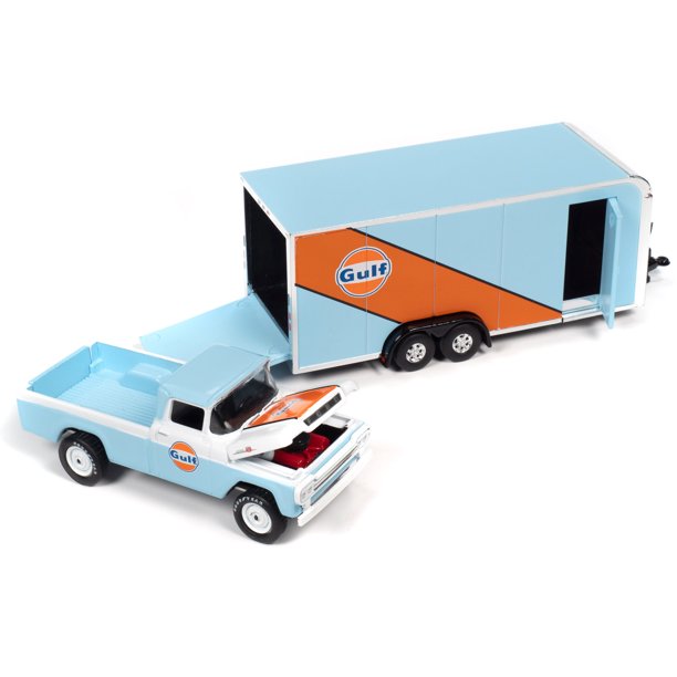 Johnny Lightning Truck Trailer 1959 Ford F250 with Enclosed Car Trailer Gulf Oil 1:64