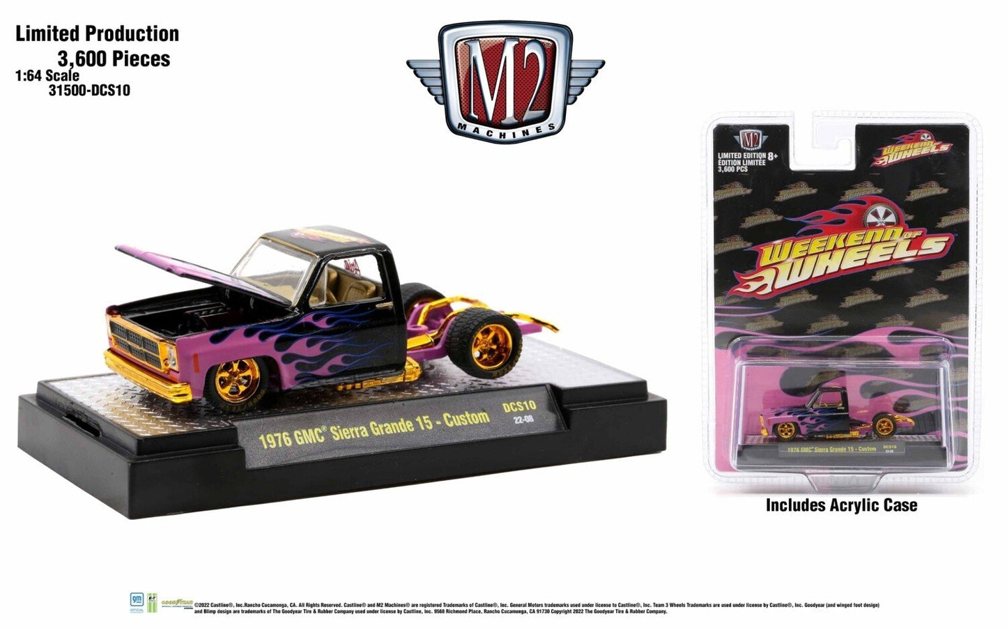 M2 Machines Weekend of Wheels 2022 Exclusives 1976 GMC Sierra Grande 15 Custom Black Pink Flames 1:64