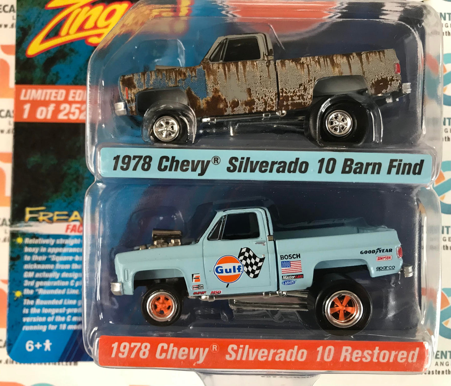 NEW DAMAGE CARD Johnny Lightning Exclusives Zingers! 1978 Chevy Silverado Barn Find & Gulf Oil Restored 1:64