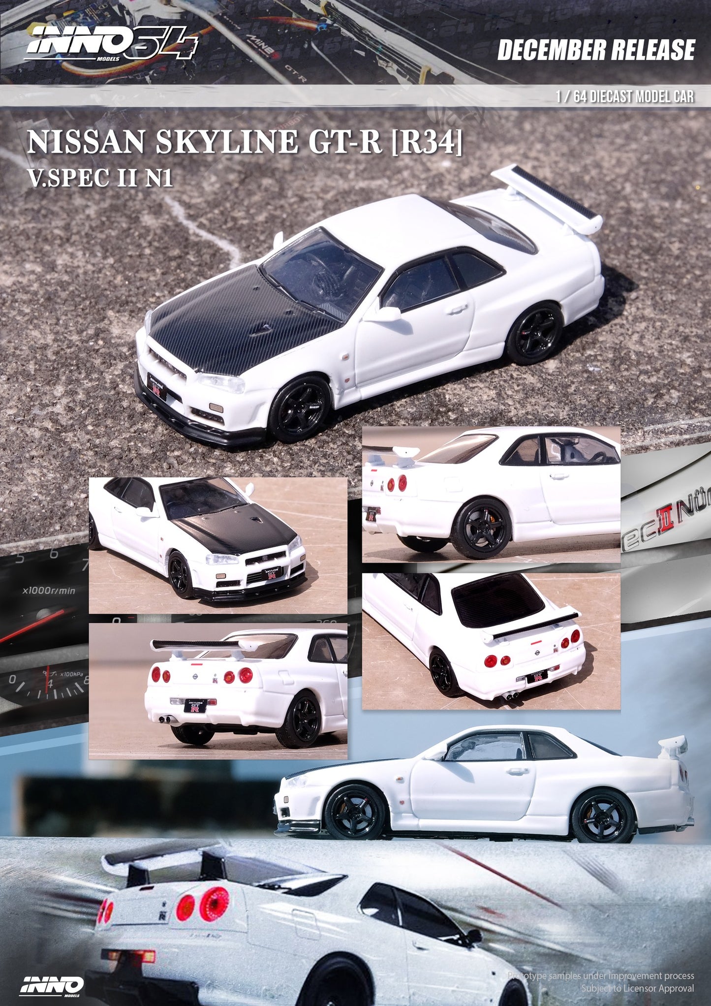 Inno64 Nissan Skyline GTR R34 Vspec II N1 White with Carbon 1:64