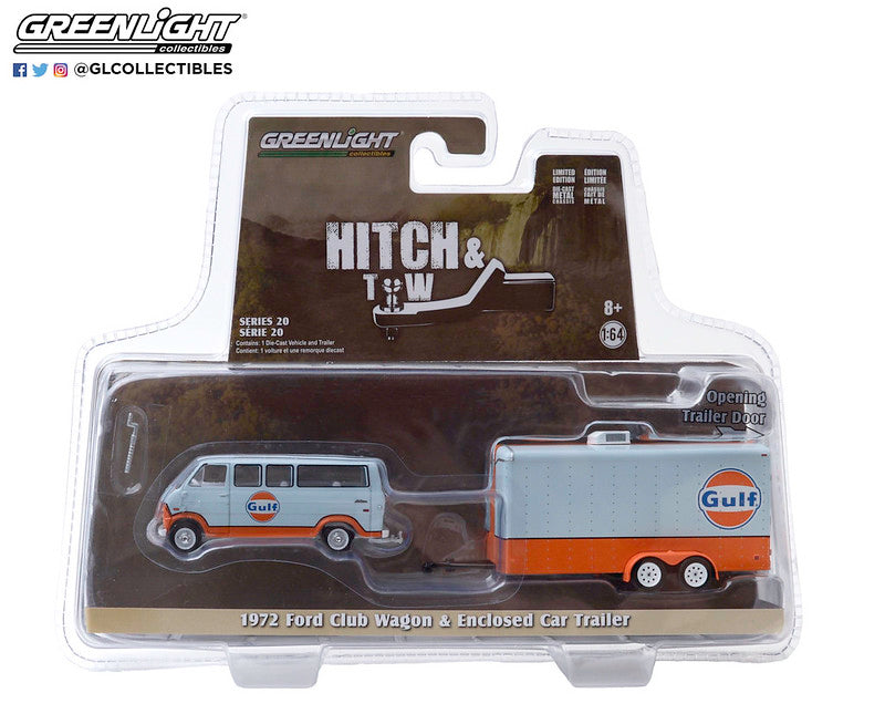 Greenlight Hitch & Tow 1972 Ford Club Wagon with Enclosed Car Trailer Gulf 1:64