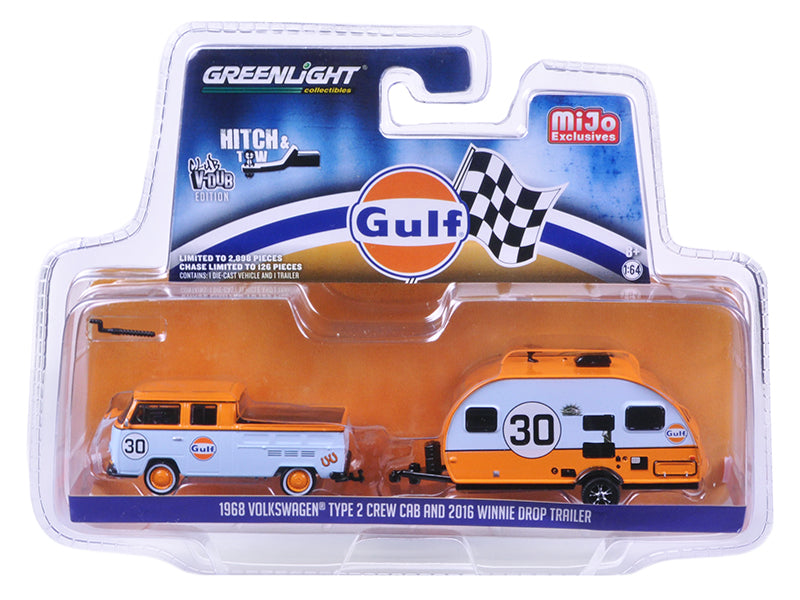 Greenlight Hitch & Tow Mijo Exclusives 1968 Volkswagen Type 2 Crew Cab & 2016 Winnie Drop Trailer Gulf Oil 1:64