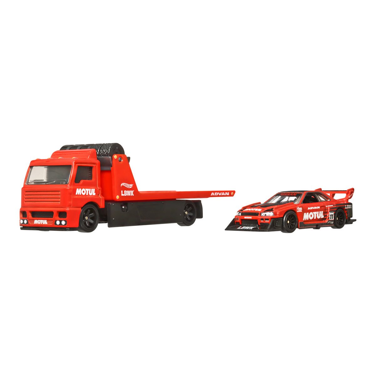 Hot Wheels Team Transport LB ER34 Super Shilouette Nissan Skyline & Fleet Street Motul Red 1:64