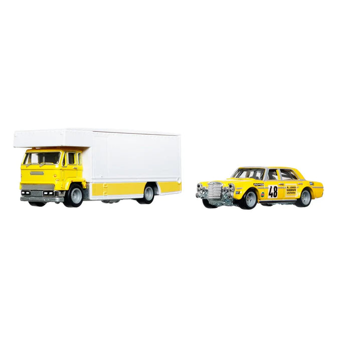 Hot Wheels Team Transport Mercedes Benz 300 SEL 6.8 AMG & Fleet Flyer Yellow 1:64