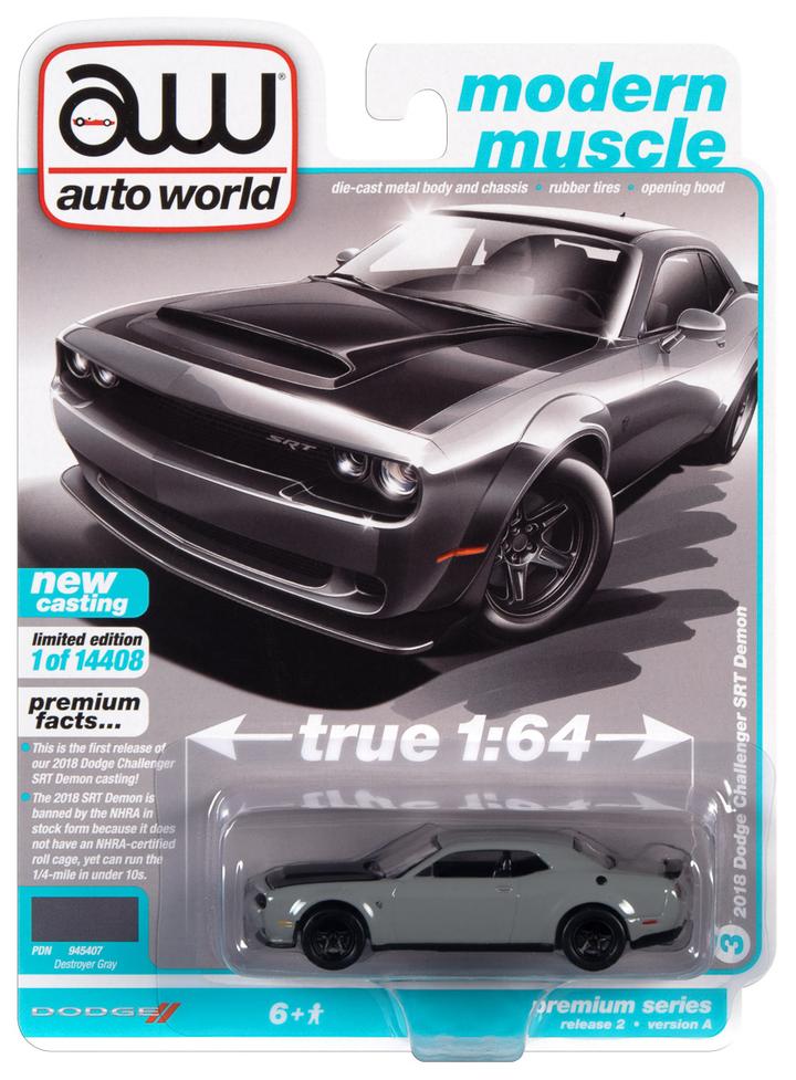 Auto World 2018 Dodge Challenger Demon Destroyer Grey w/Flat Black Hood 1:64